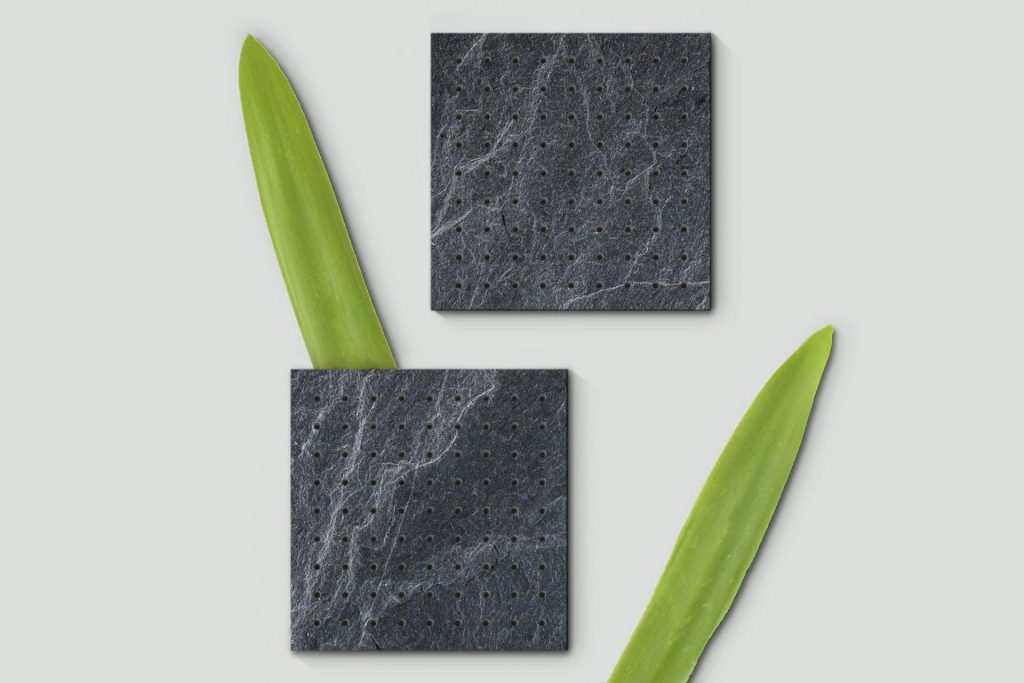 Two square black charcoal facial cleansing pads are arranged diagonally on a light background, with two long green aloe vera leaves crossing behind them.