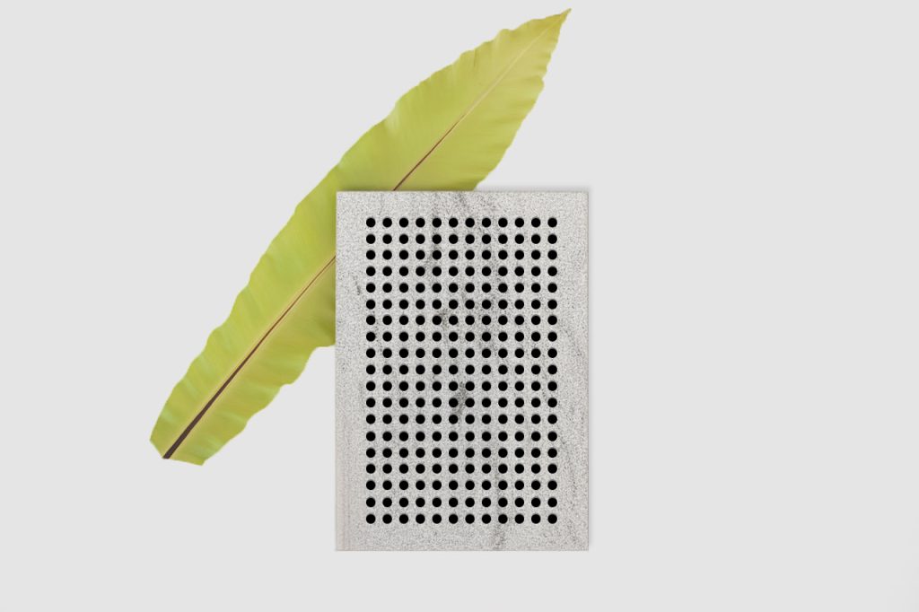 A light green leaf with a brown vein lies diagonally on a white surface, partially under a rectangular, speckled board with evenly spaced black holes.
